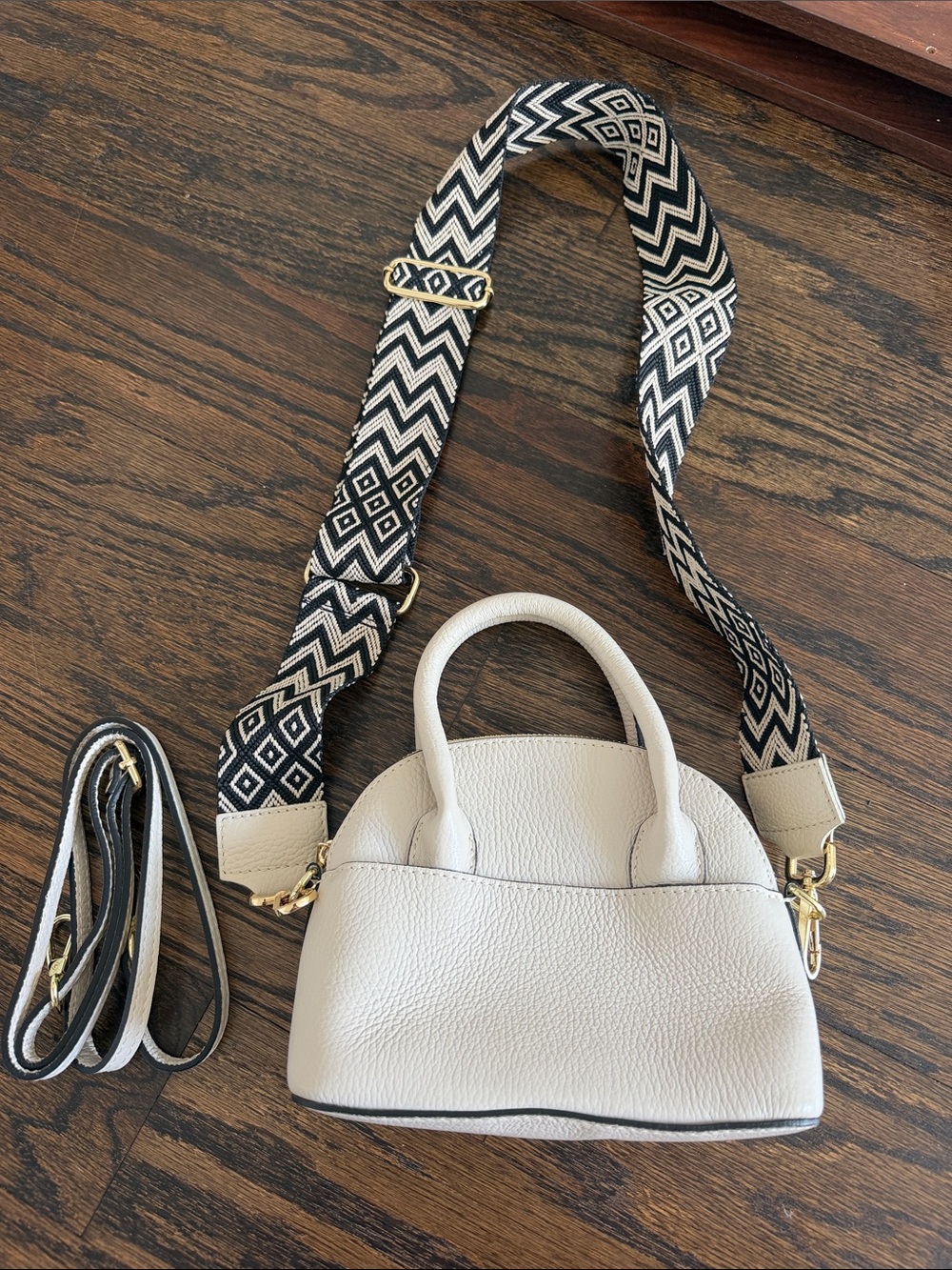 Cream Mini Satchel Crossbody Bag with Detachable Patterned Strap, Made In Italy